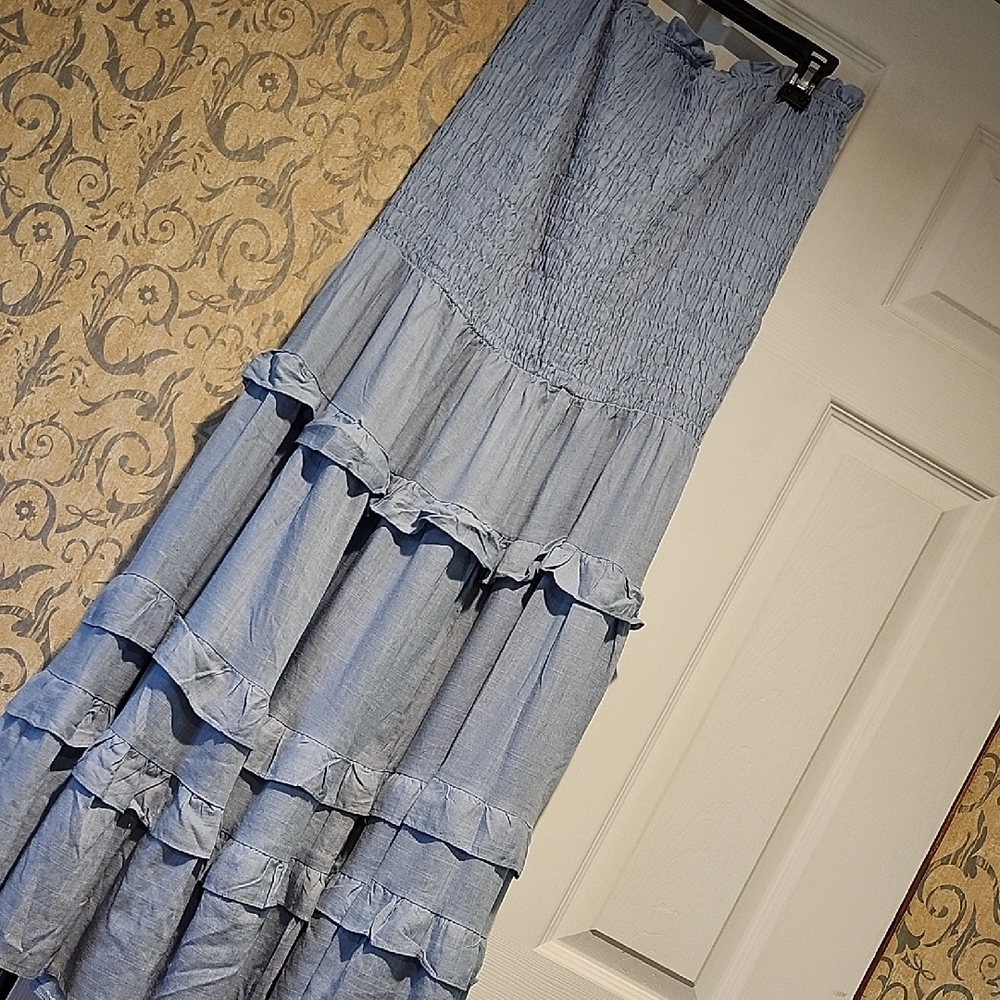 Luxxel Light Blue Tiered Maxi Skirt